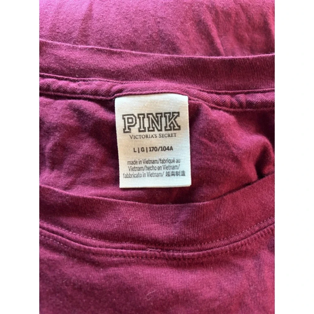 Victoria's Secret PINK Sequin‎ Logo Long Sleeve Campus Tee Maroon Burgundy Large